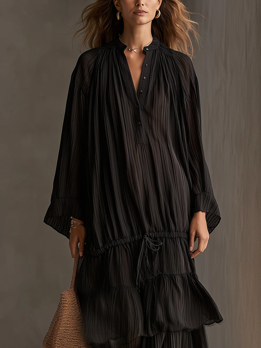 Bohemian Black Pleated Ruffle Maxi Dress - Image 2