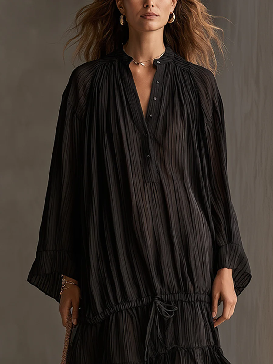 Bohemian Black Pleated Ruffle Maxi Dress - Image 3