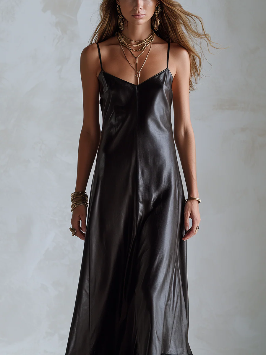 Bohemian Black PU Leather Lace Maxi Dress - Image 2