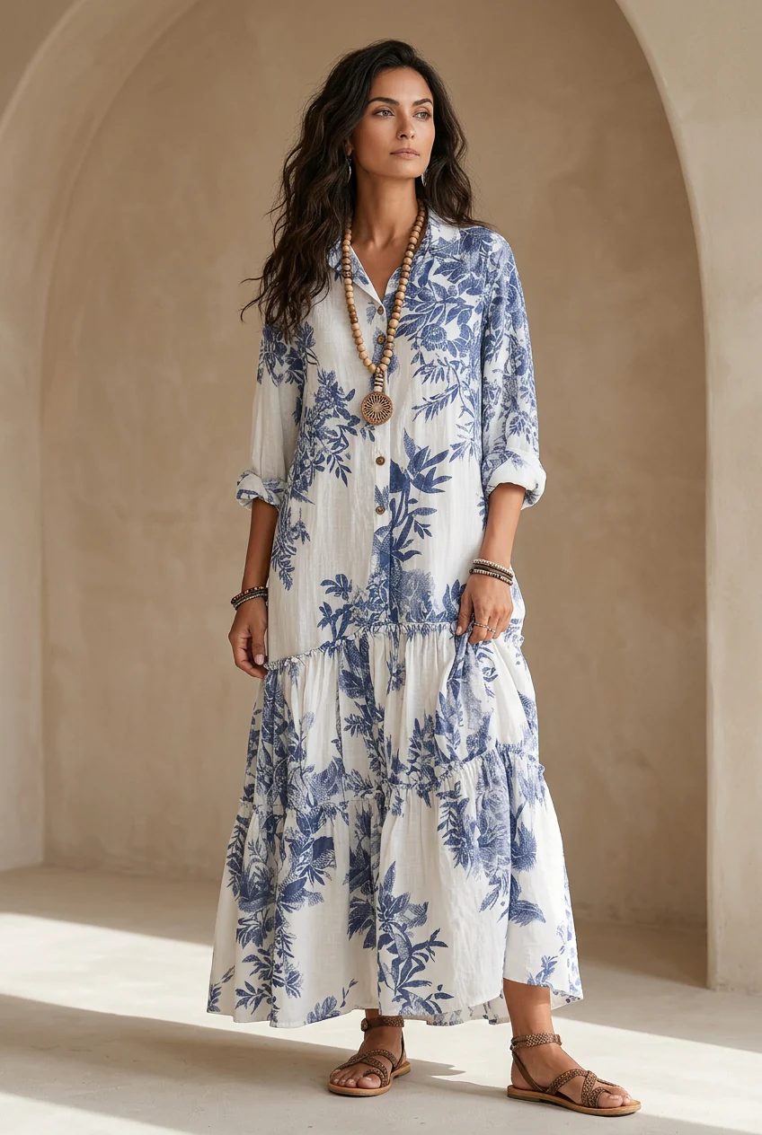 Bohemian Blue Floral Button-down Maxi Dress - Image 2