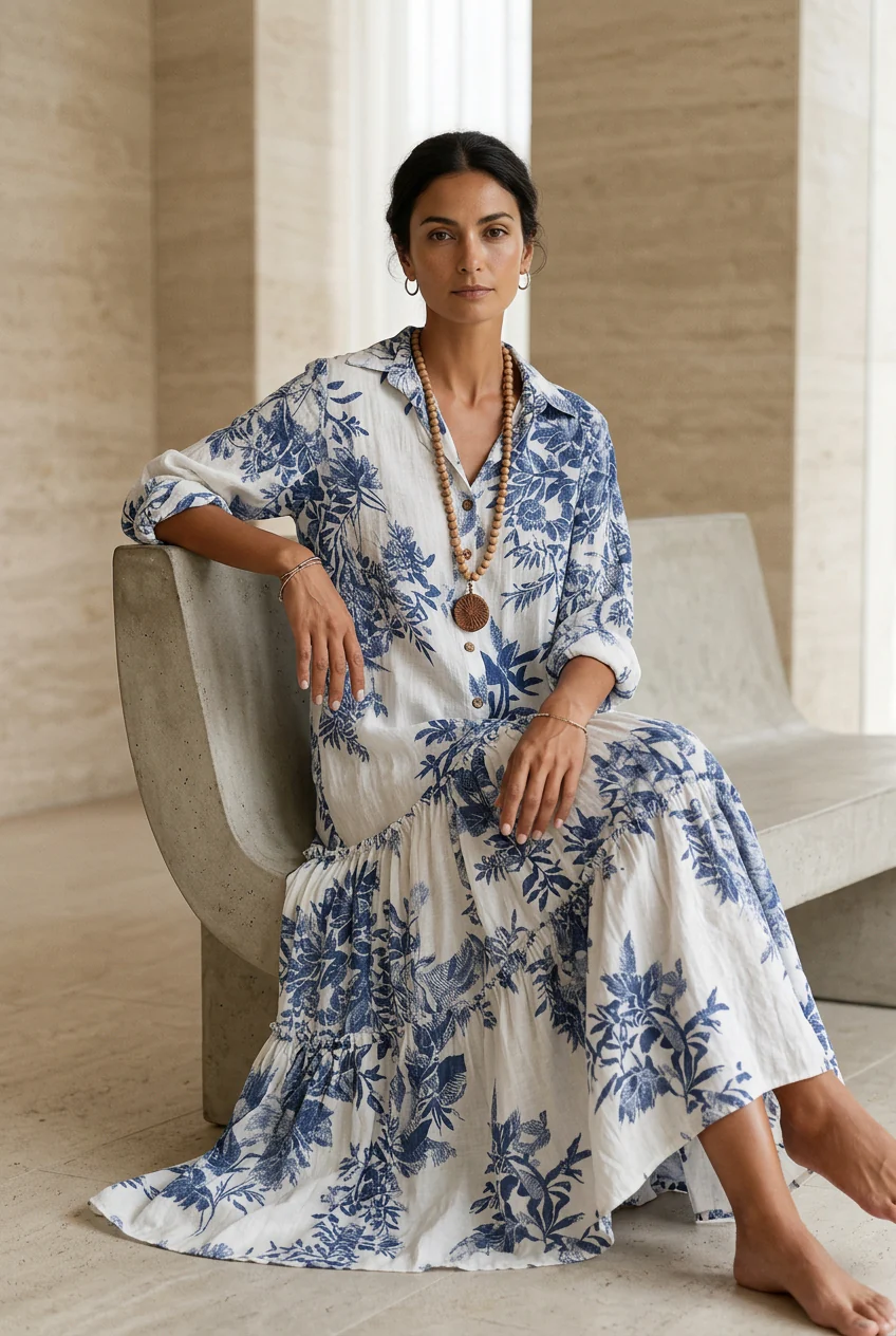 Bohemian Blue Floral Button-down Maxi Dress - Image 3
