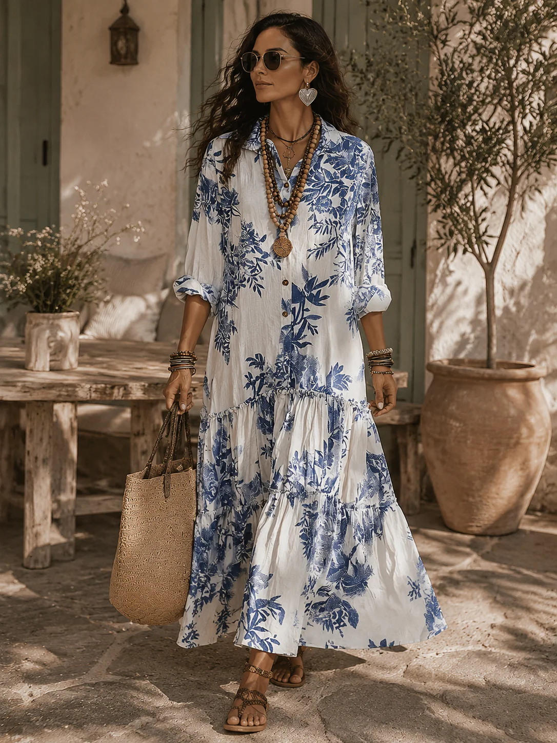 Bohemian Blue Floral Button-down Maxi Dress - Image 4