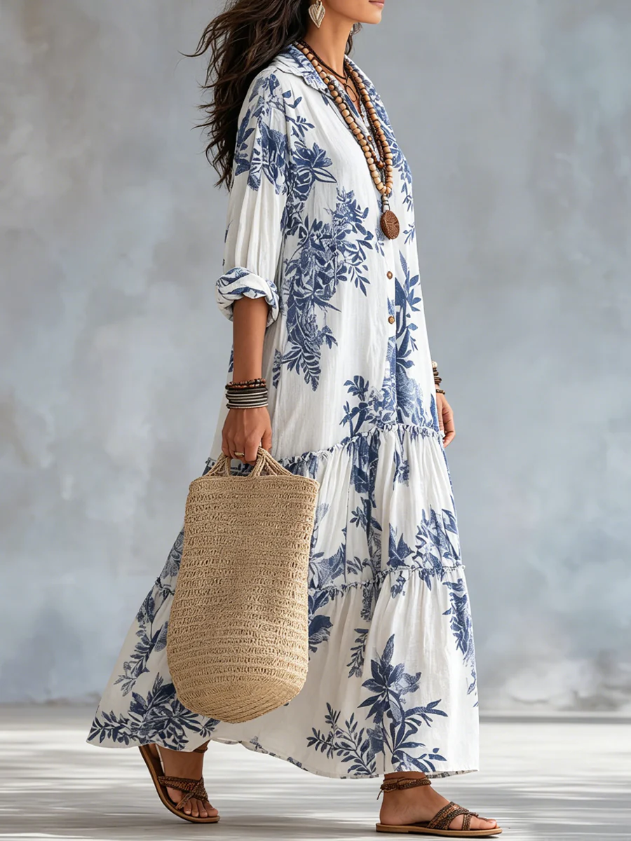 Bohemian Blue Floral Button-down Maxi Dress - Image 7