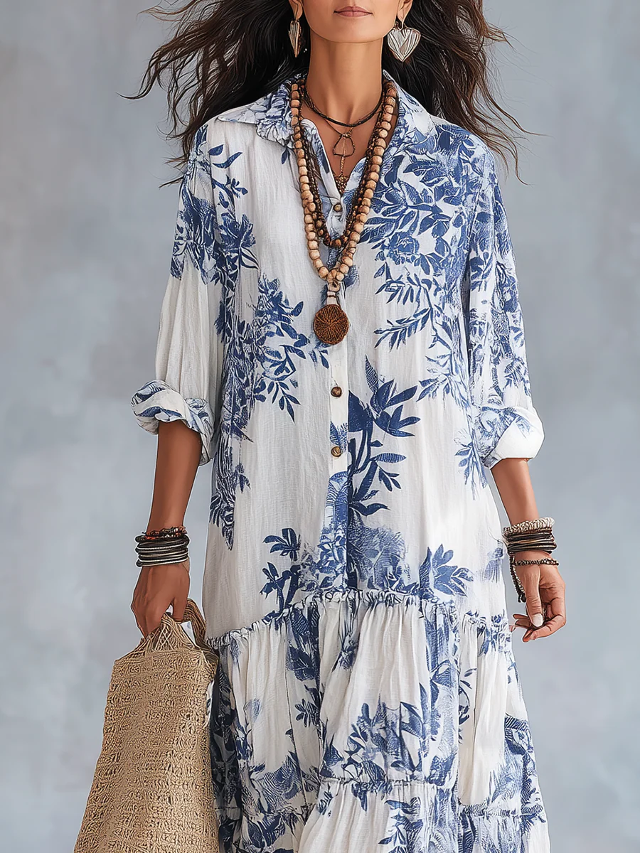 Bohemian Blue Floral Button-down Maxi Dress - Image 8