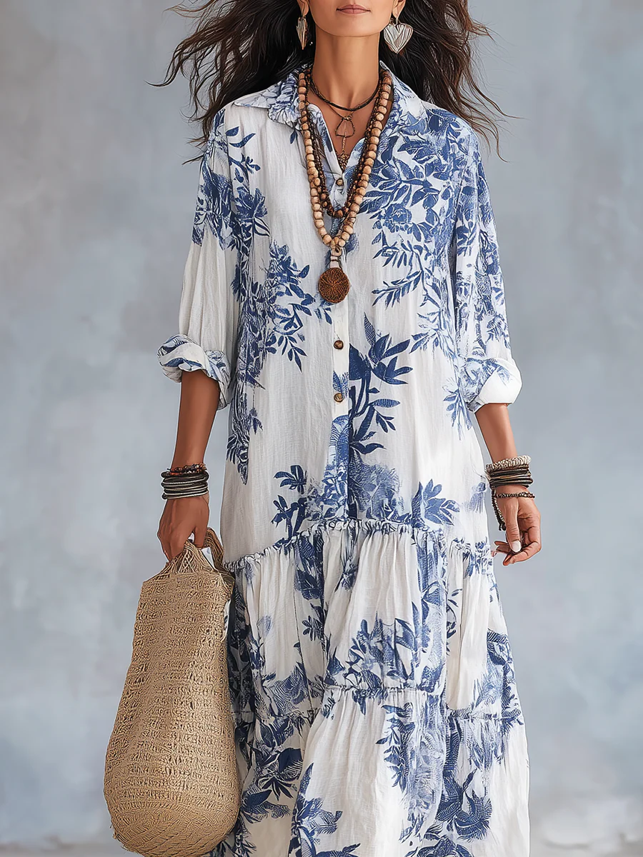 Bohemian Blue Floral Button-down Maxi Dress - Image 9