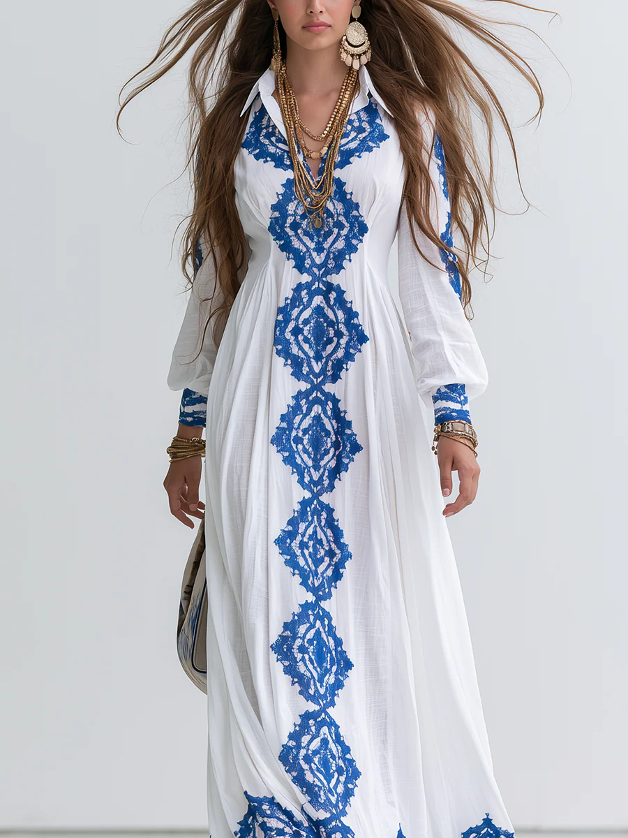 Bohemian Blue Floral Print Maxi Dress - Image 3