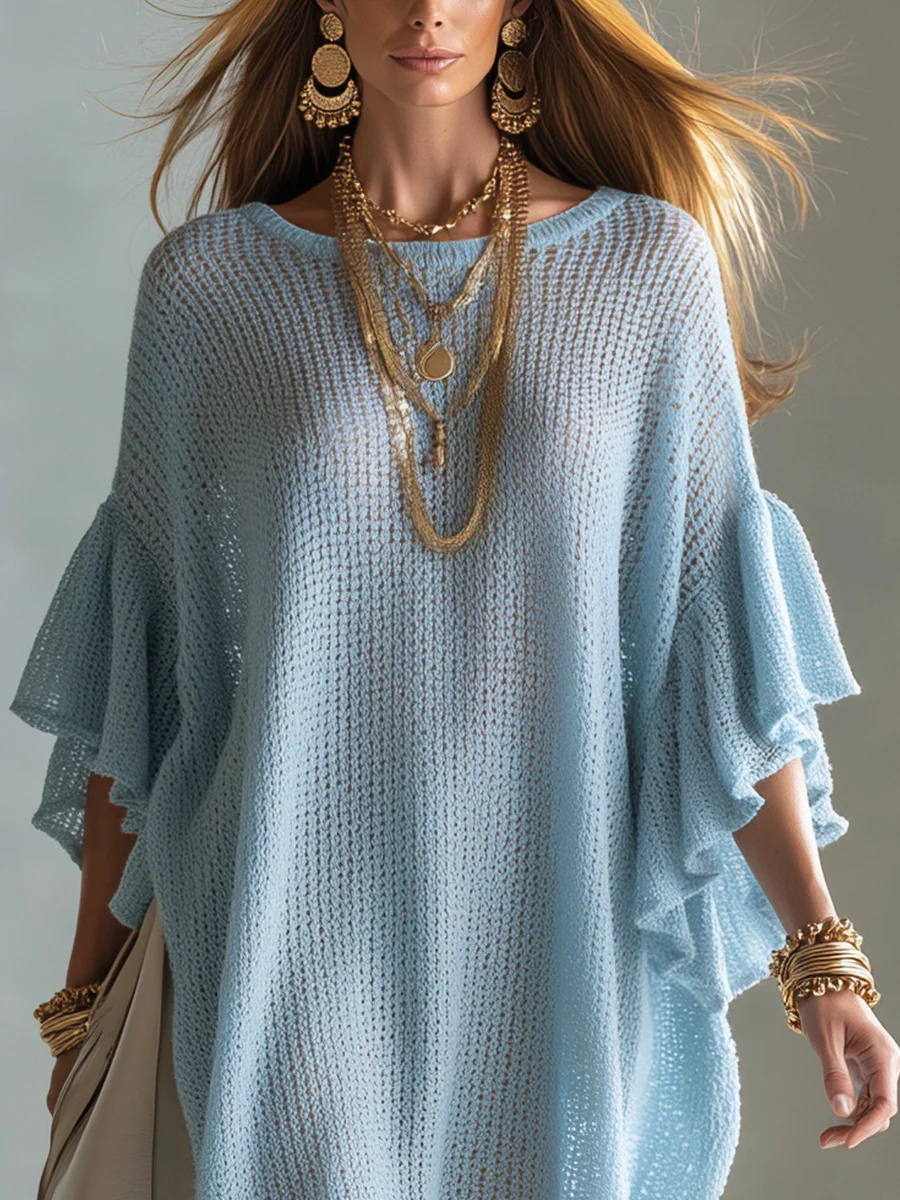 Bohemian Blue Knitted Mini Dress - Image 3