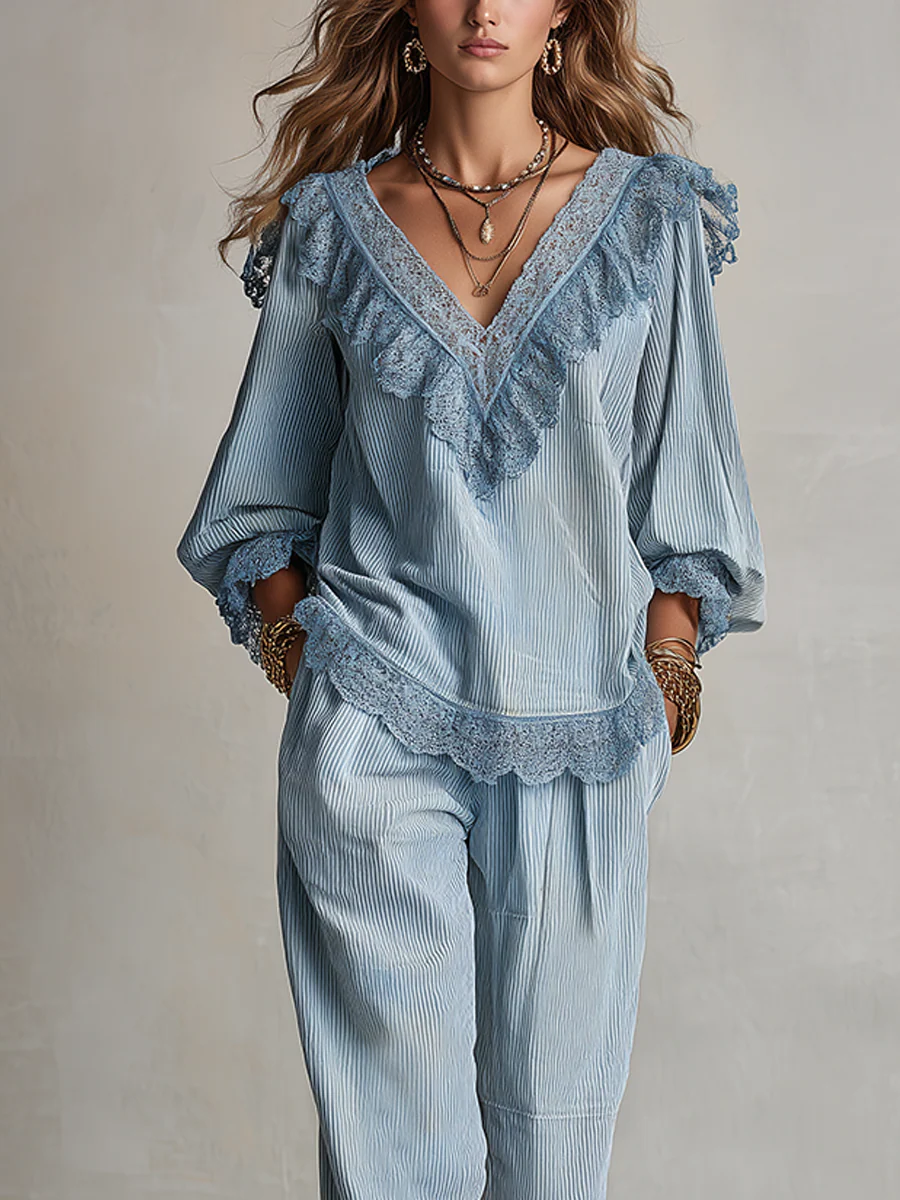 Bohemian Blue Lace Corduroy Suit - Image 2