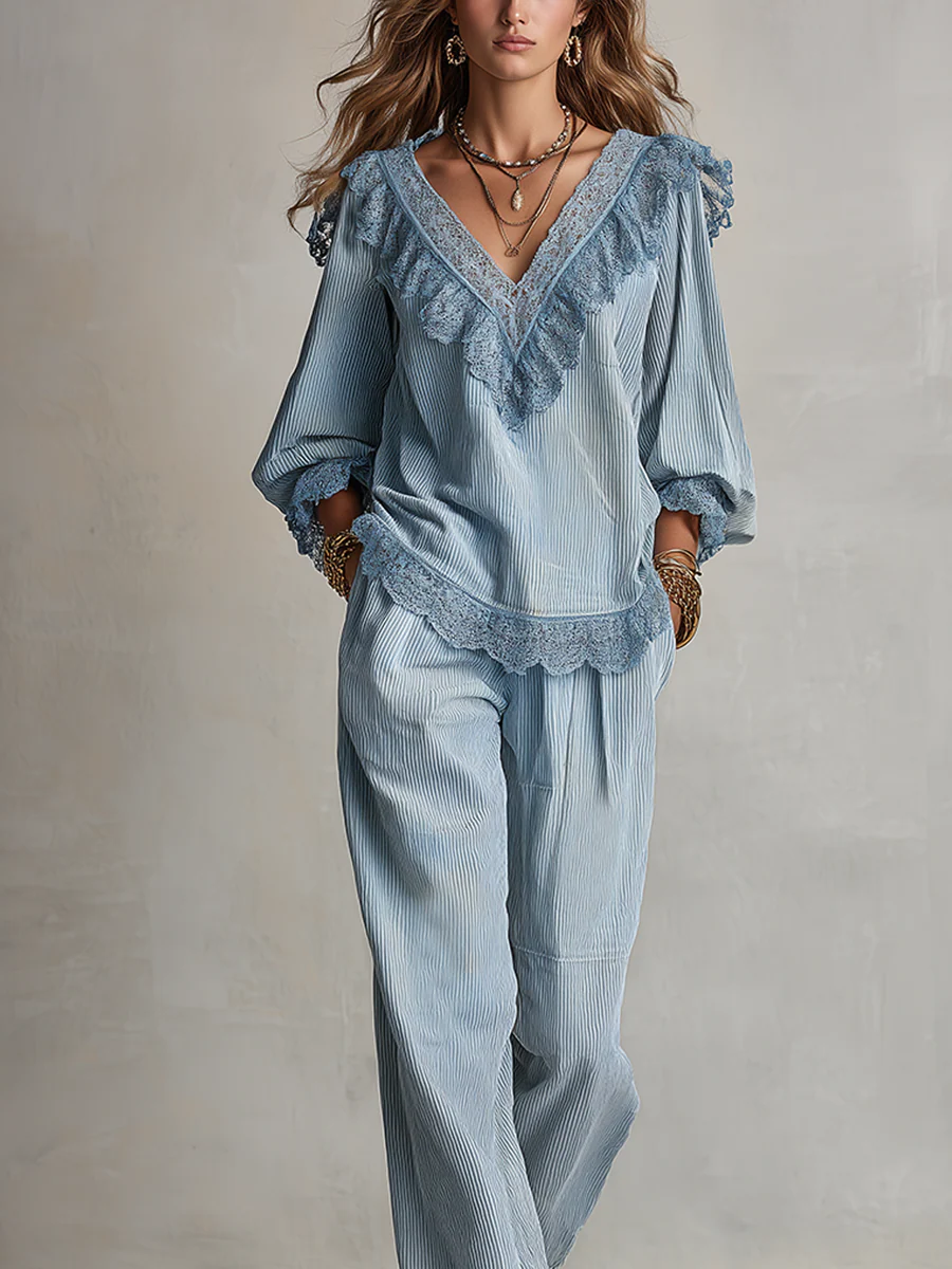Bohemian Blue Lace Corduroy Suit - Image 3