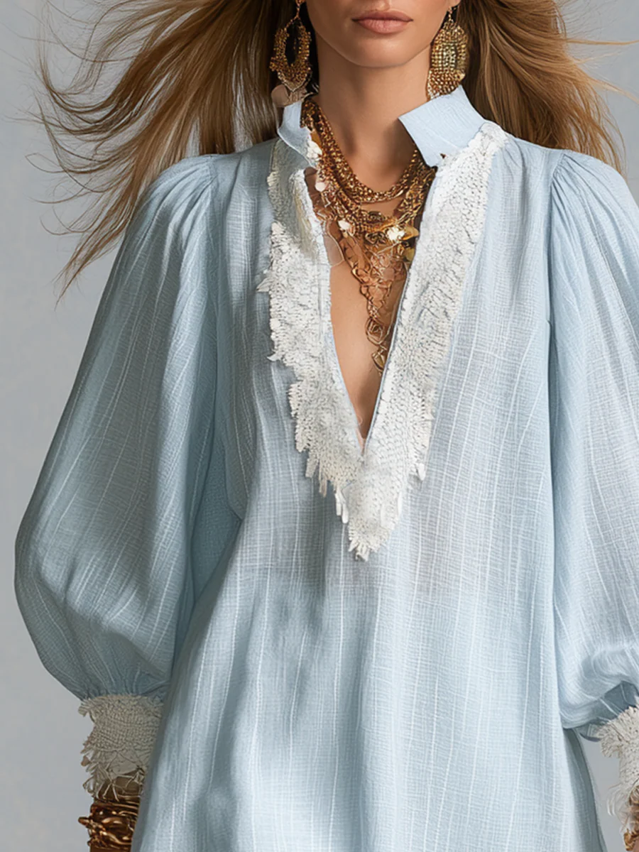 Bohemian Blue Lace-trimmed Shirt - Image 2