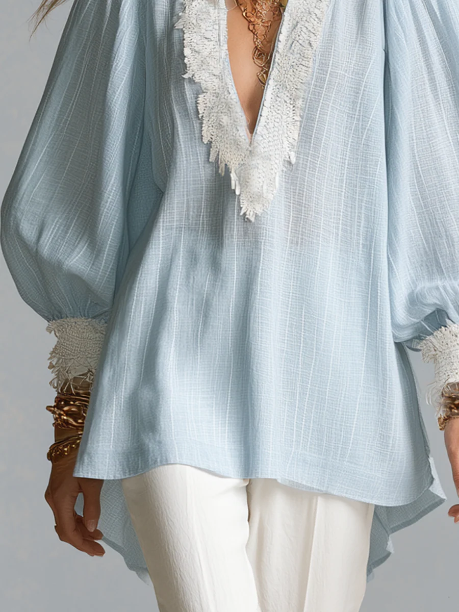 Bohemian Blue Lace-trimmed Shirt - Image 3