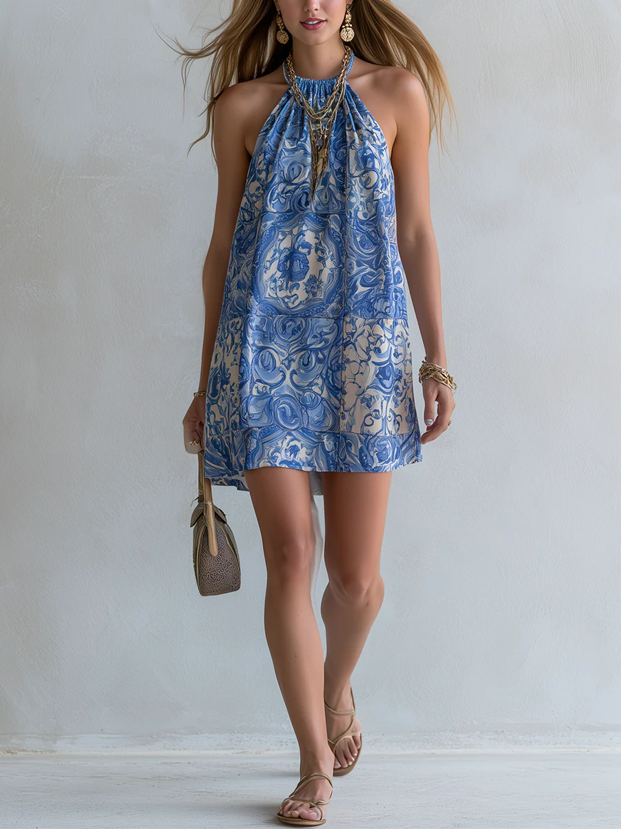 Bohemian Blue Porcelain Print Mini Dress