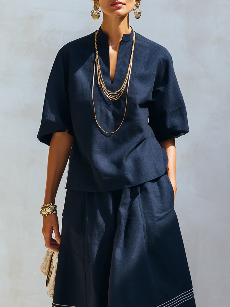 Bohemian Blue Short Sleeve Color Blocked Striped Skirt Set - Image 3