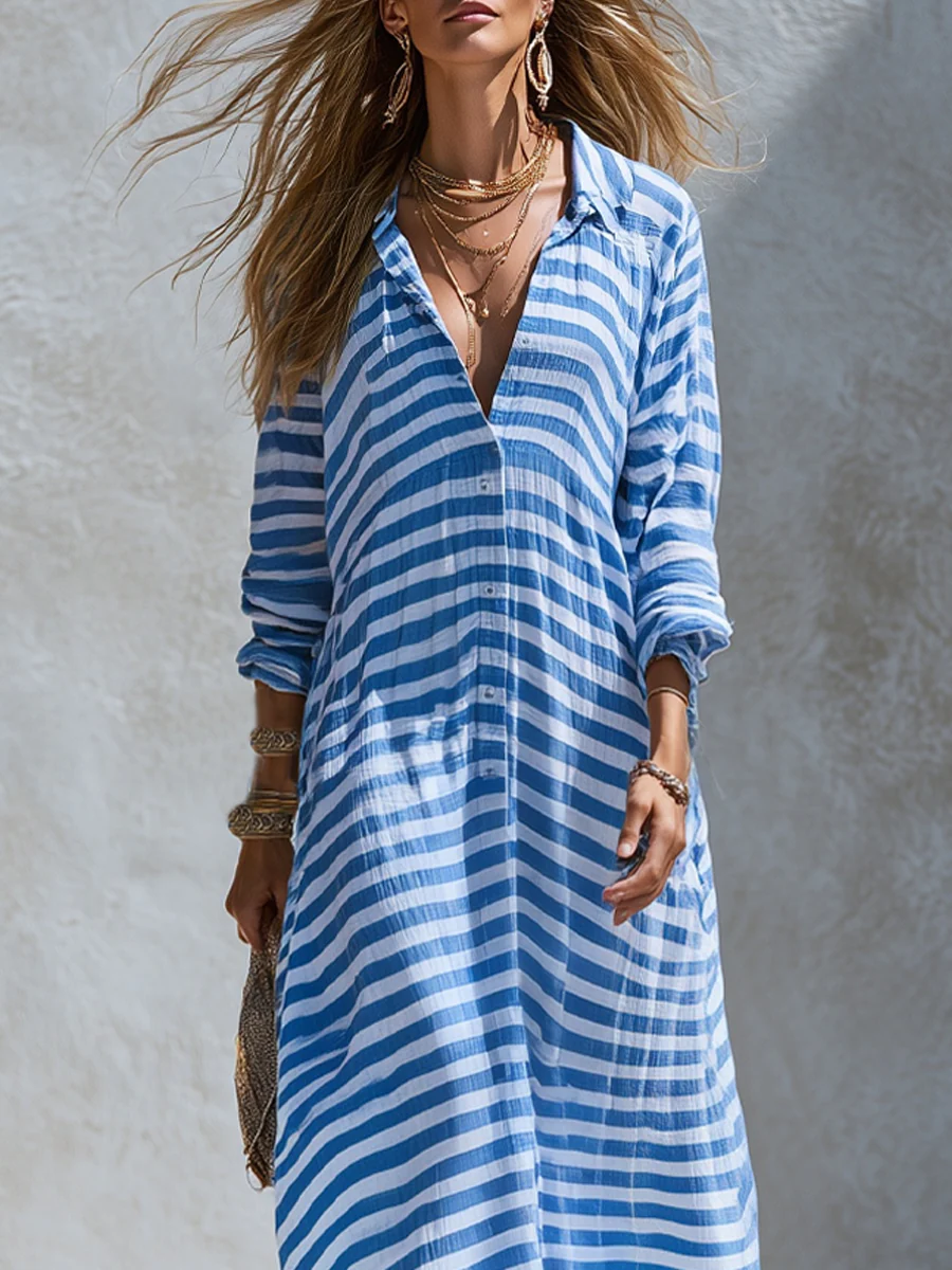Bohemian Blue Striped Maxi Dress - Image 2