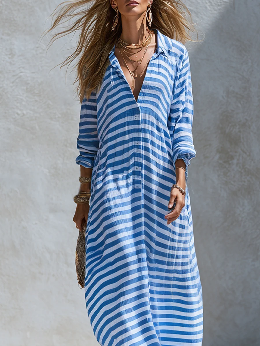 Bohemian Blue Striped Maxi Dress - Image 3