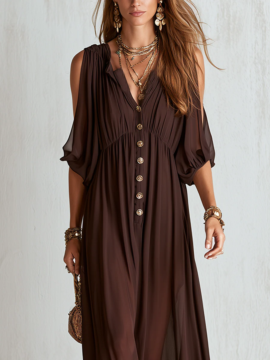 Bohemian Brown Off Shoulder Chiffon Maxi Dress - Image 2