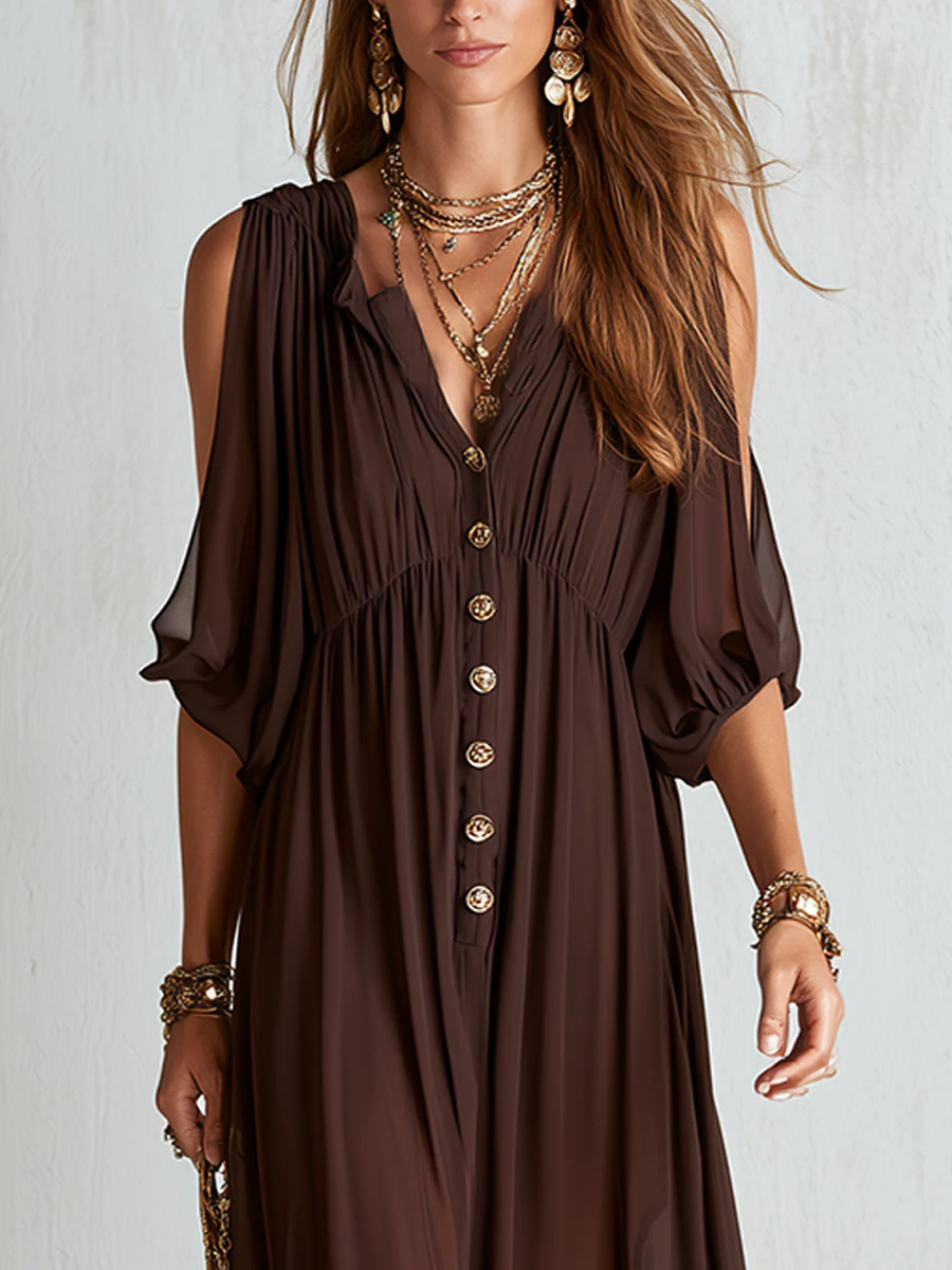 Bohemian Brown Off Shoulder Chiffon Maxi Dress - Image 3