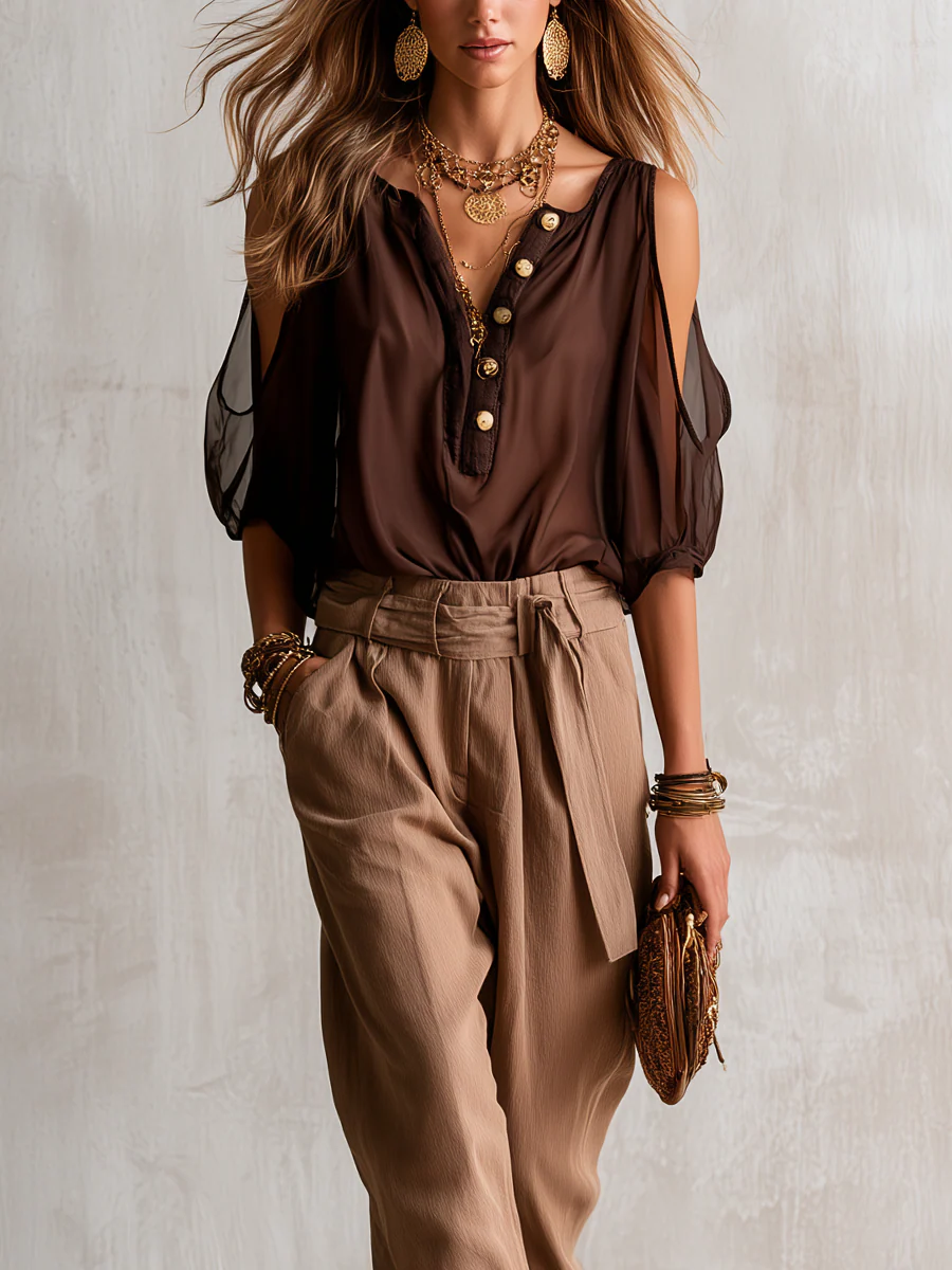 Bohemian Brown Off The Shoulder Top And Lantern Pants Set - Image 2