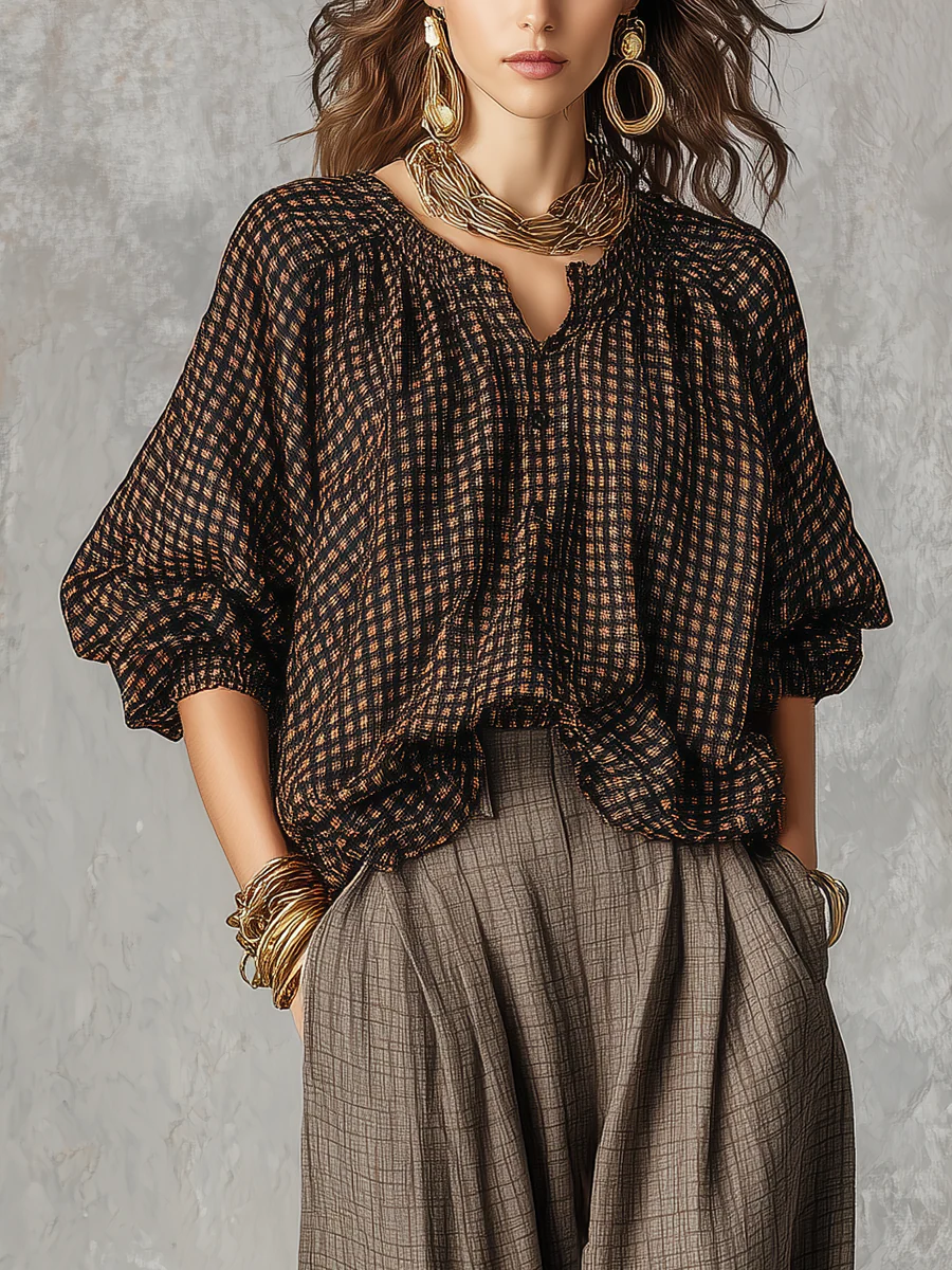 Bohemian Brown Plaid Shirt And Trousers Suit - Image 2