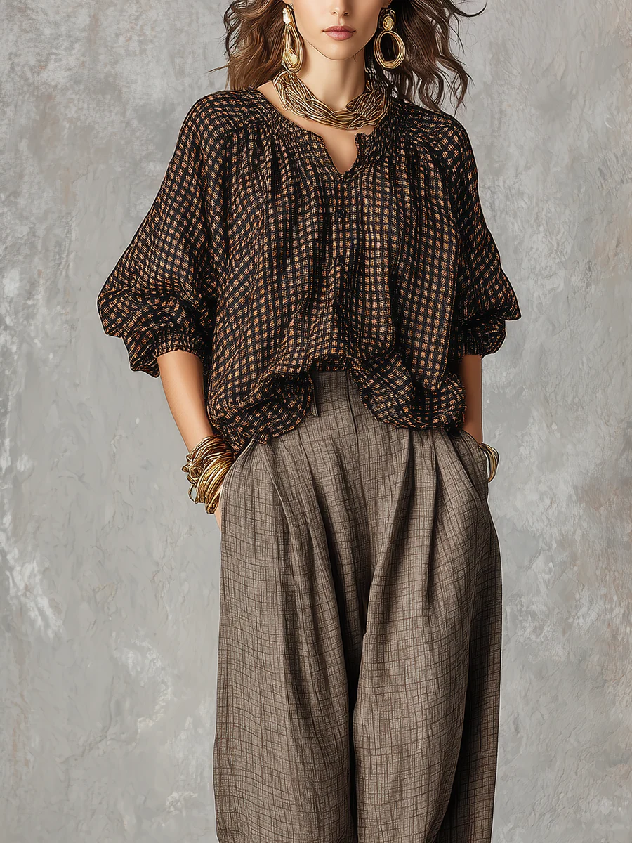 Bohemian Brown Plaid Shirt And Trousers Suit - Image 3