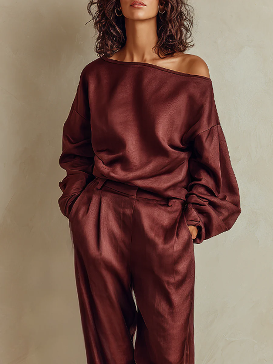 Bohemian Burgundy Red Off Shoulder Trouser Suit - Image 2