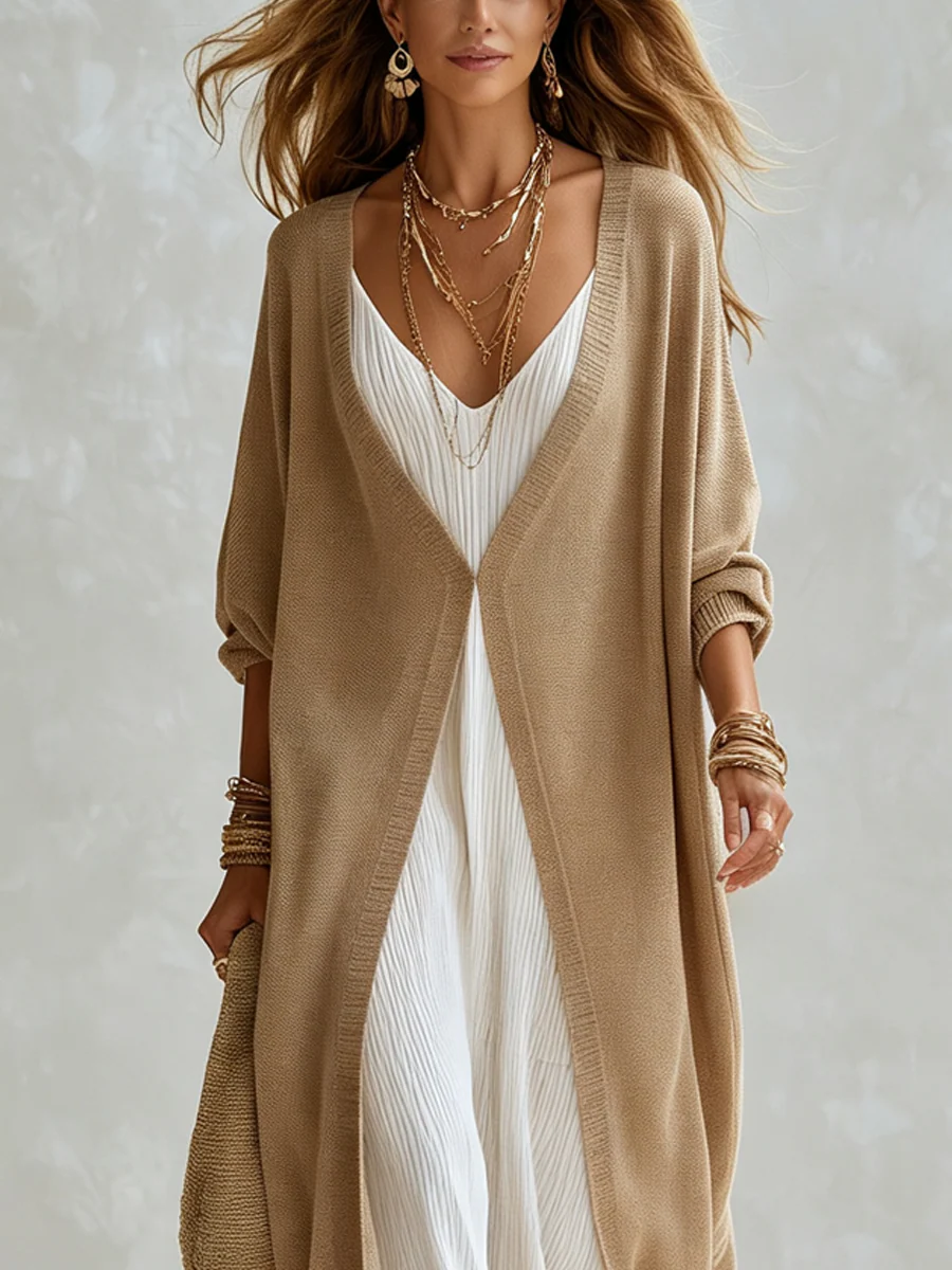 Bohemian Camel Knit Cardigan Camisole Dress Set - Image 2