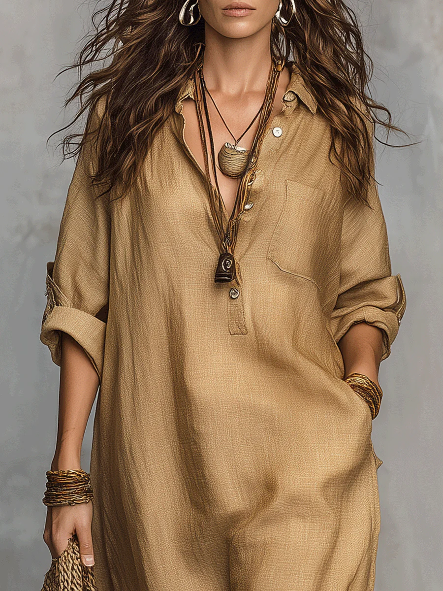 Bohemian Charm Casual Buttoned Dress - Image 4