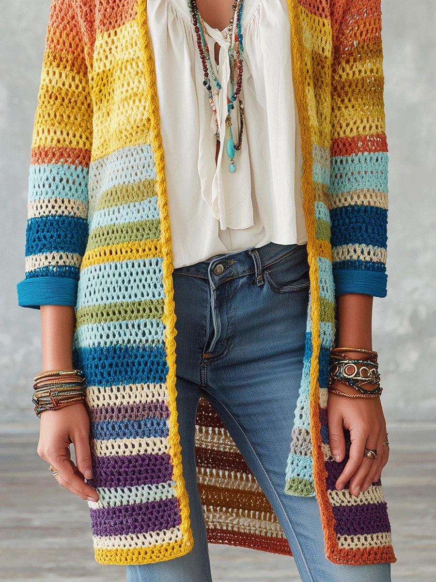 Bohemian Chic Crochet Open-Front Striped Rainbow Longline Cardigan - Image 3