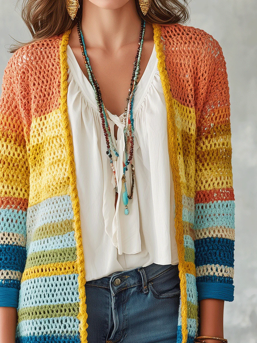 Bohemian Chic Crochet Open-Front Striped Rainbow Longline Cardigan - Image 4