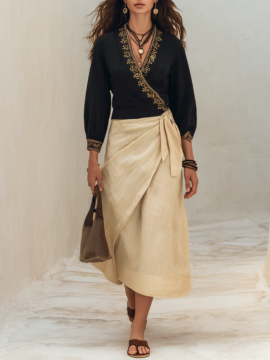 Bohemian Chic Embroidered Black Top & Linen Wrap Beige Maxi Skirt Set
