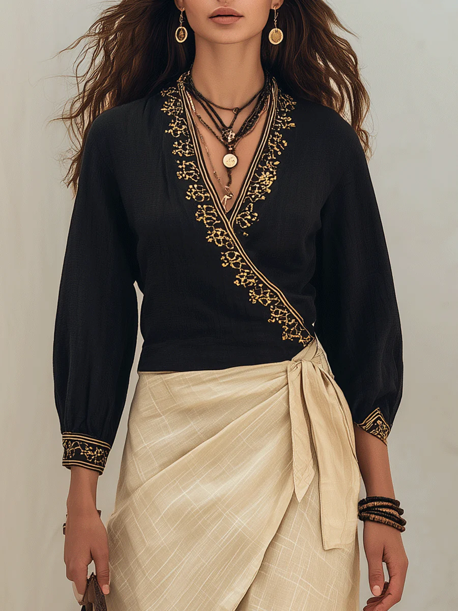 Bohemian Chic Embroidered Black Top & Linen Wrap Beige Maxi Skirt Set - Image 2