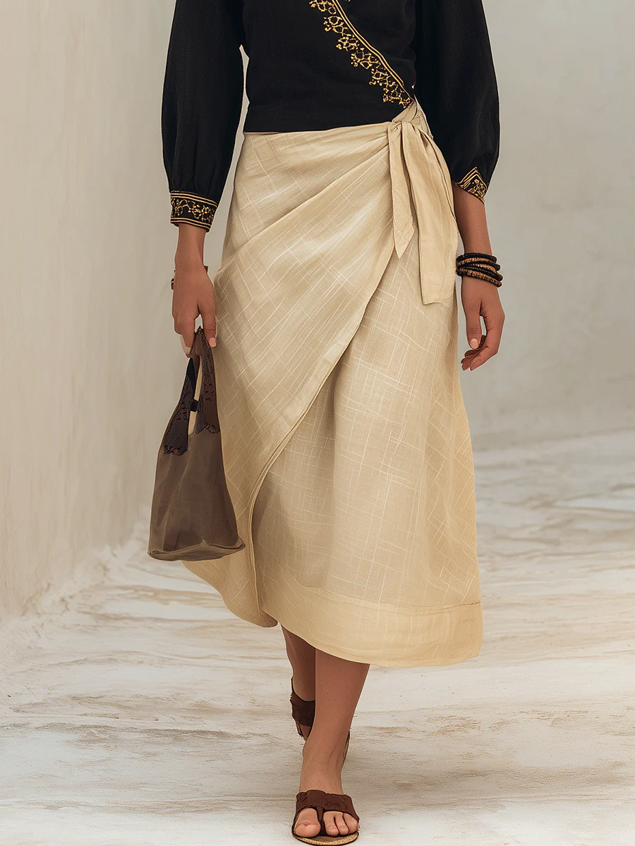 Bohemian Chic Embroidered Black Top & Linen Wrap Beige Maxi Skirt Set - Image 3
