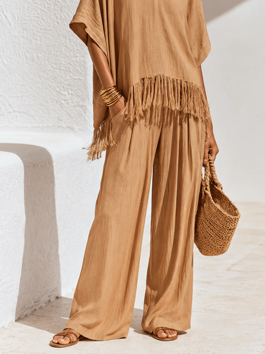 Bohemian Chic Textured Cotton Fringe Kaftan-Top Ginger Palazzo Set - Image 2