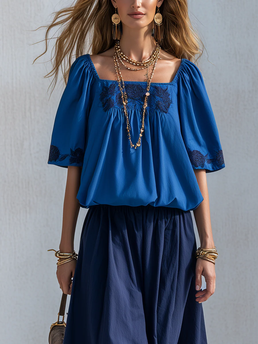 Bohemian Cotton Linen Blue Color-blocked Skirt Suit - Image 3