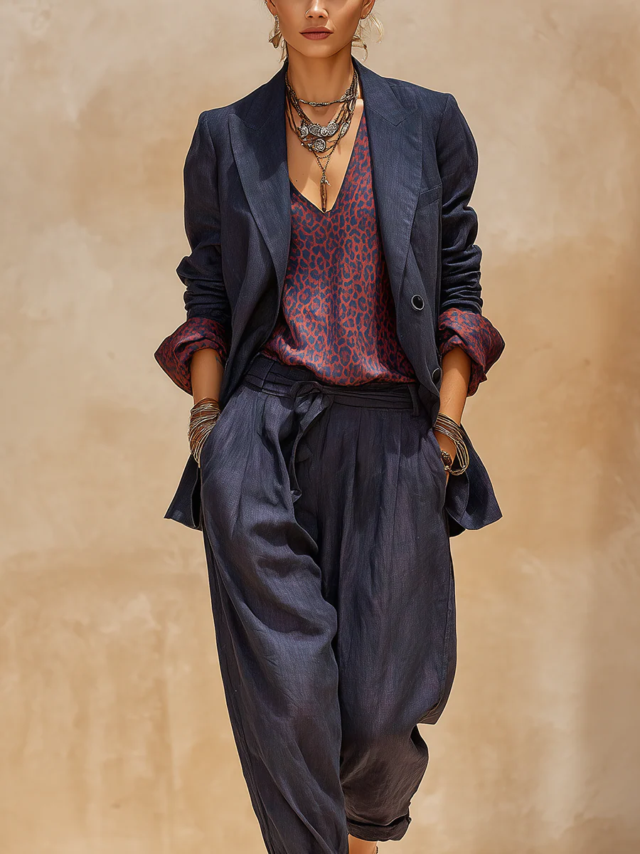 Bohemian Cotton Linen Midnight Blue Leopard Print Suit - Image 2