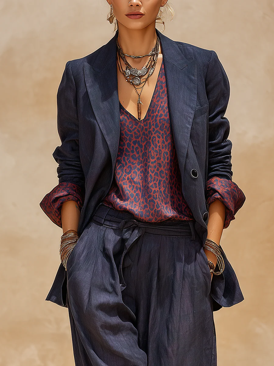Bohemian Cotton Linen Midnight Blue Leopard Print Suit - Image 3