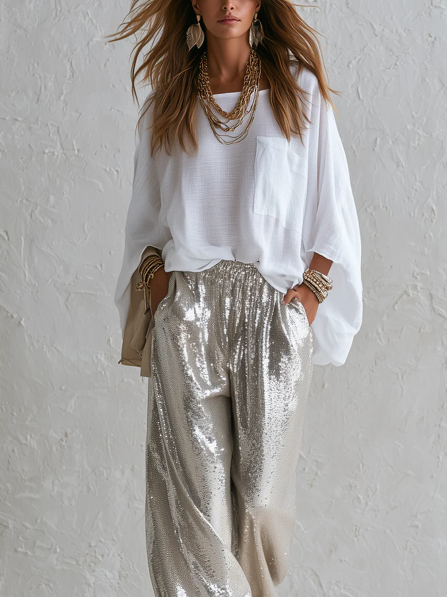 Bohemian Cotton-linen Top And Sequined Trousers Set - Image 3