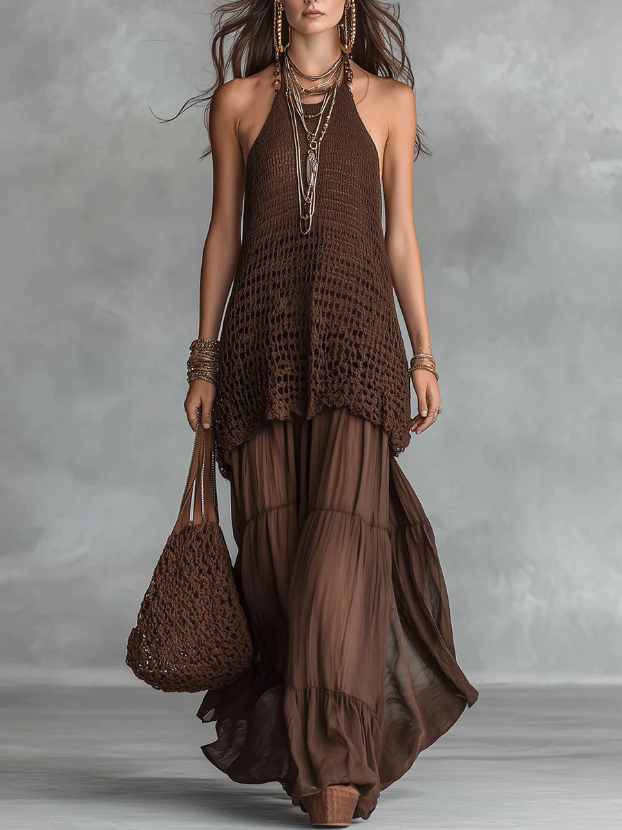 Bohemian Crochet Resort Chocolate Brown Halter Maxi Dress
