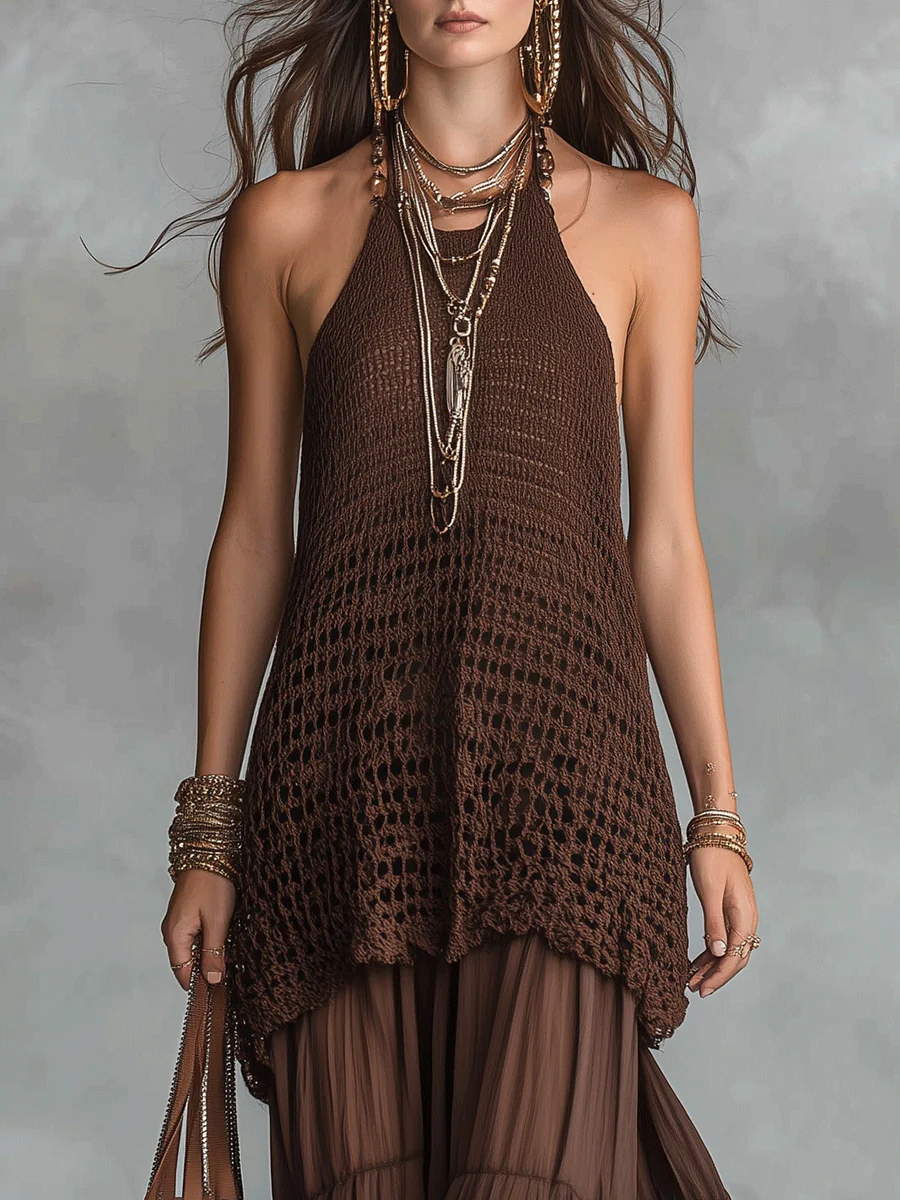 Bohemian Crochet Resort Chocolate Brown Halter Maxi Dress - Image 2