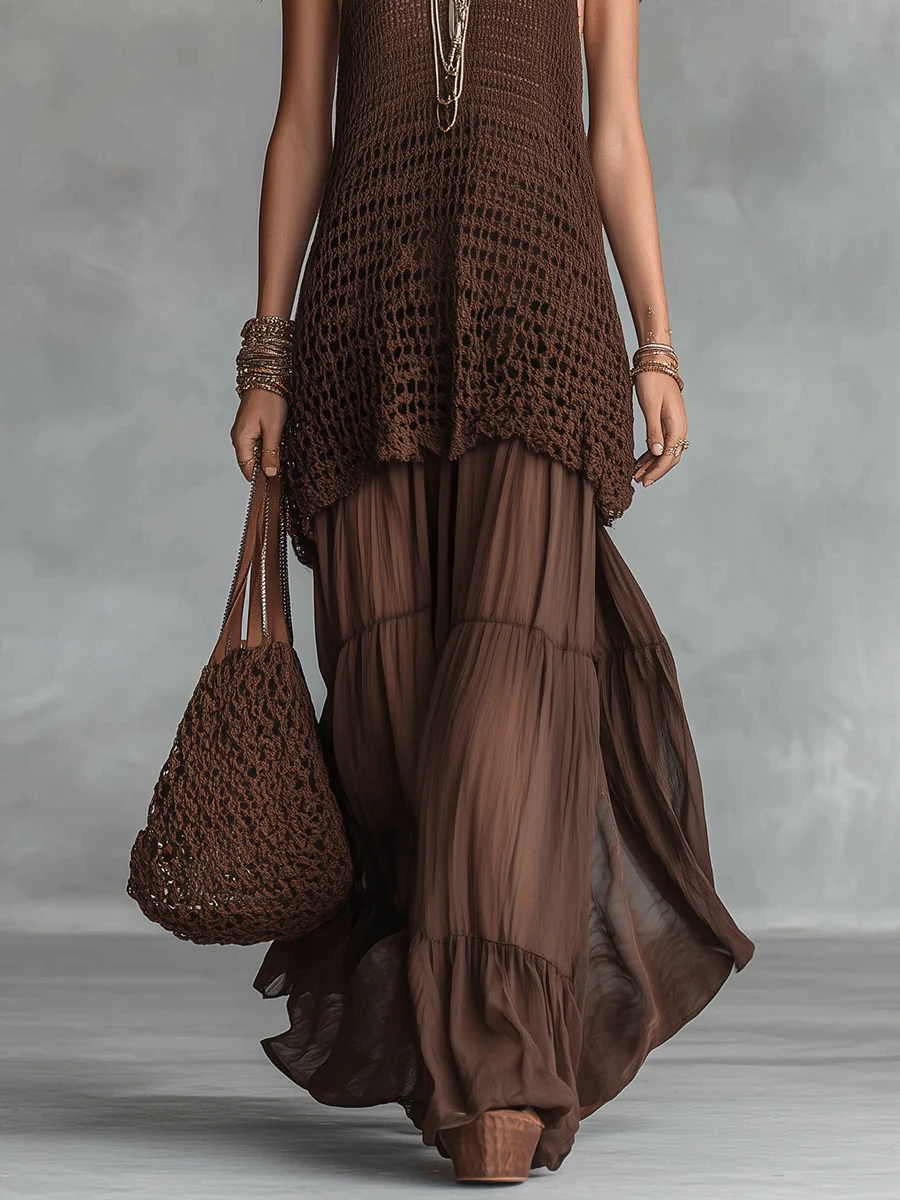 Bohemian Crochet Resort Chocolate Brown Halter Maxi Dress - Image 3