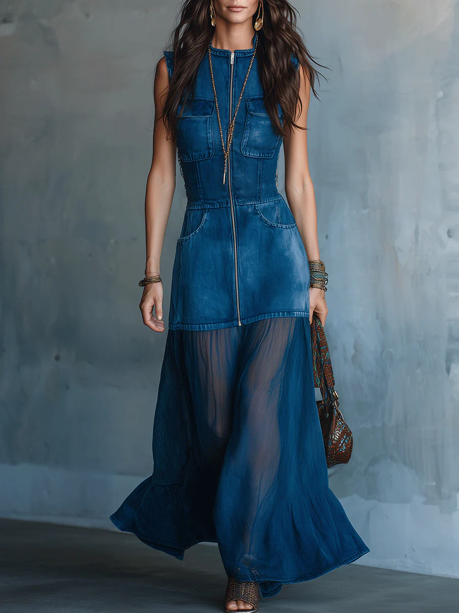 Bohemian Denim Resort Sleeveless Zip-Front Maxi Dress