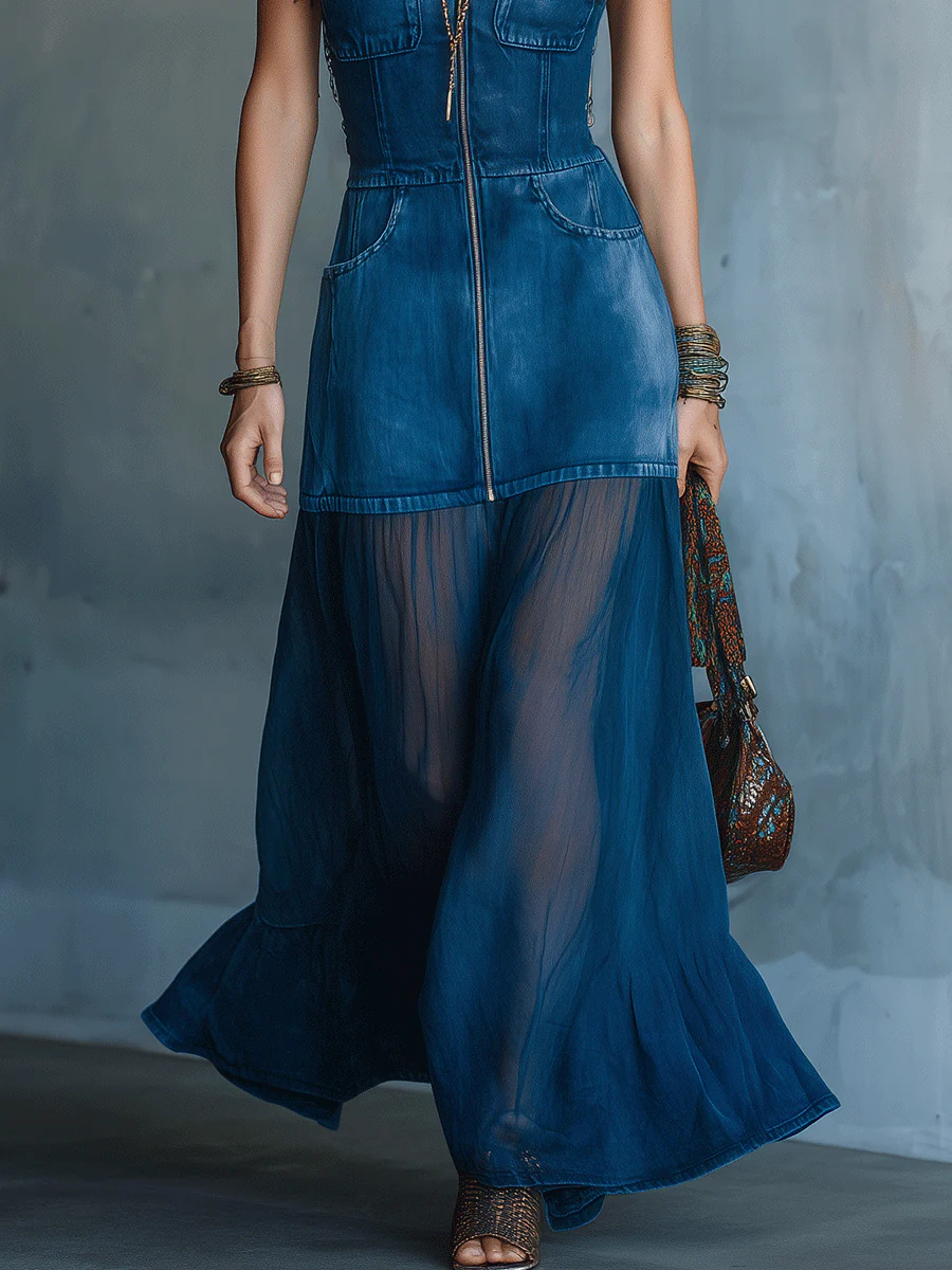 Bohemian Denim Resort Sleeveless Zip-Front Maxi Dress - Image 3
