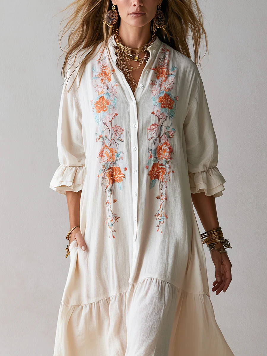 Bohemian Floral Embroidered Ruffle Sleeve Dress - Image 2