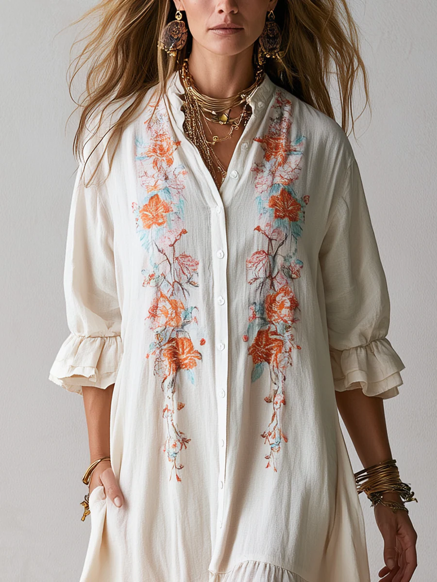 Bohemian Floral Embroidered Ruffle Sleeve Dress - Image 3