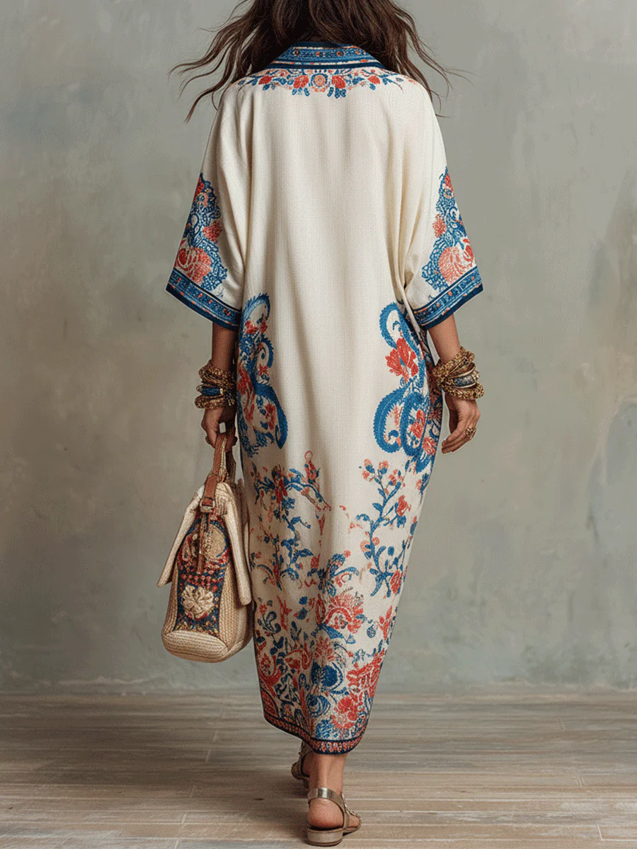Bohemian Floral Paisley Kaftan Midi Dress In Ivory Blue - Image 2