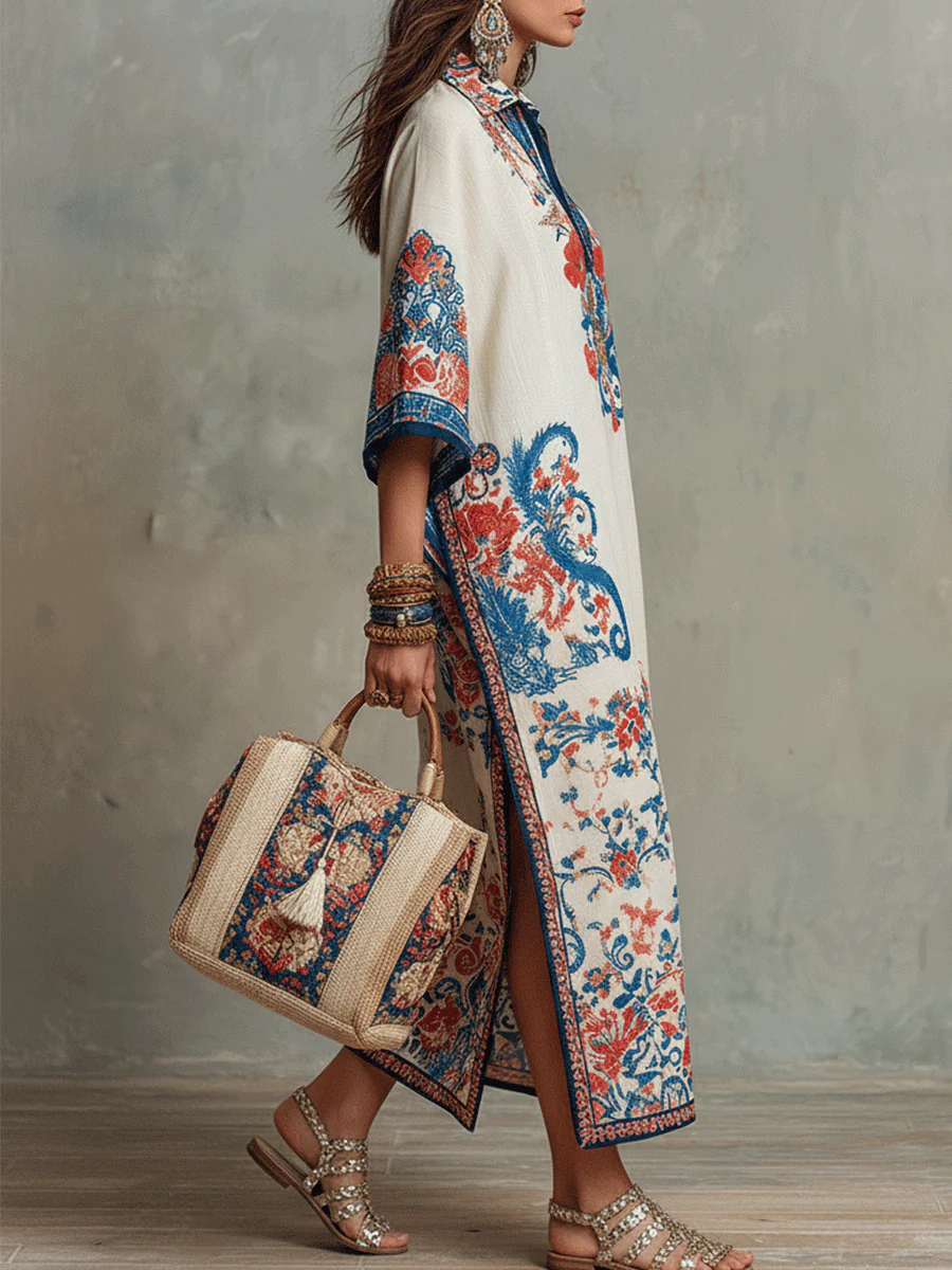 Bohemian Floral Paisley Kaftan Midi Dress In Ivory Blue - Image 3