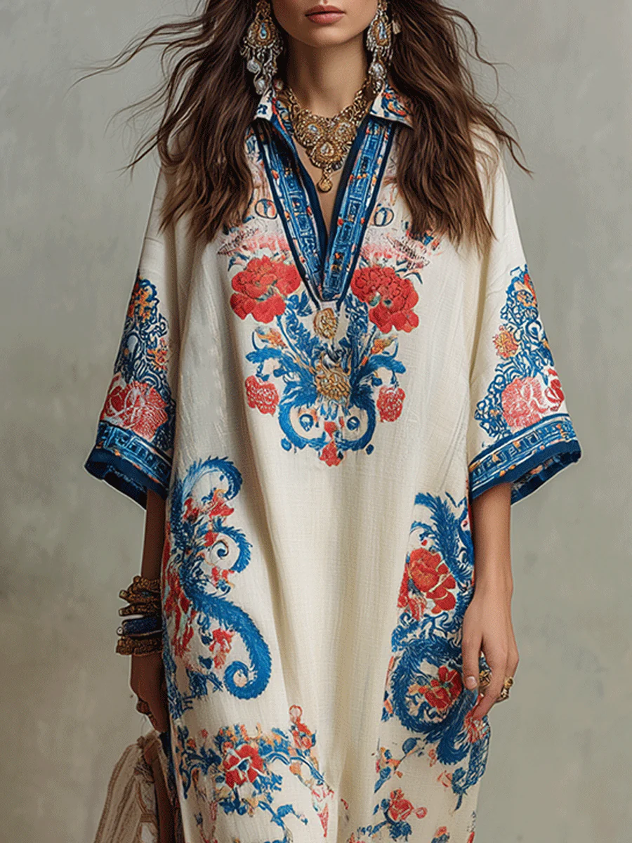Bohemian Floral Paisley Kaftan Midi Dress In Ivory Blue - Image 4