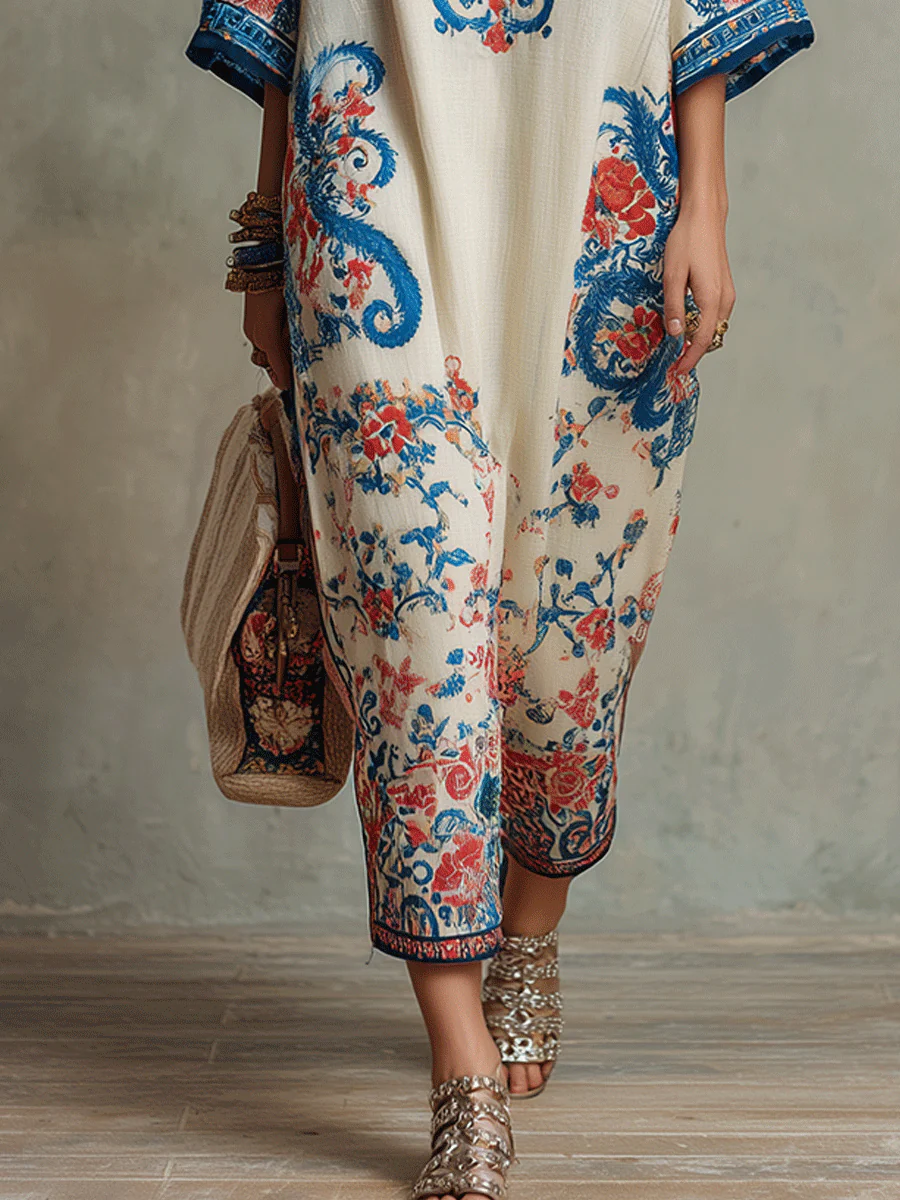 Bohemian Floral Paisley Kaftan Midi Dress In Ivory Blue - Image 5