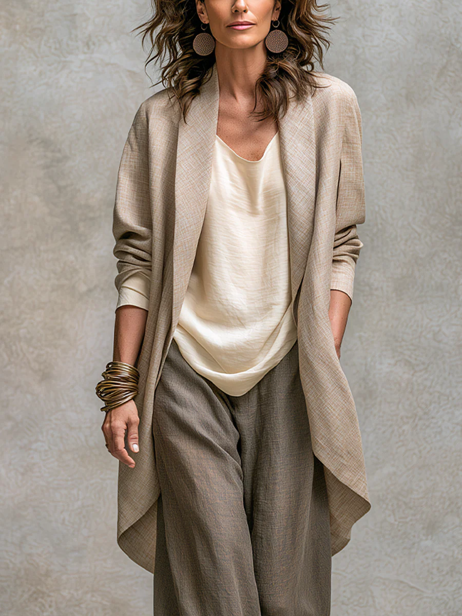 Bohemian Gray Beige Linen Three Piece Suit - Image 3