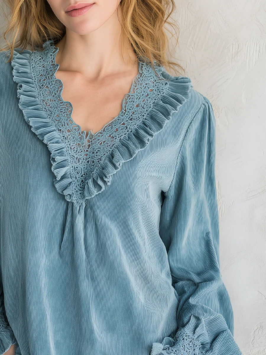 Bohemian Gray-blue Lace Corduroy Shirt - Image 2